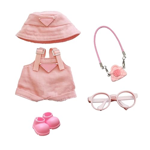 Kleidung Kompatibel mit Puppen, Overall mit verstellbaren Trägern Mütze Brille Blumentasche Minischuhe für die 17 cm Mini Plüsch Puppen Plüschpuppe (Plüschpuppe Nicht Enthalten) von QckZee