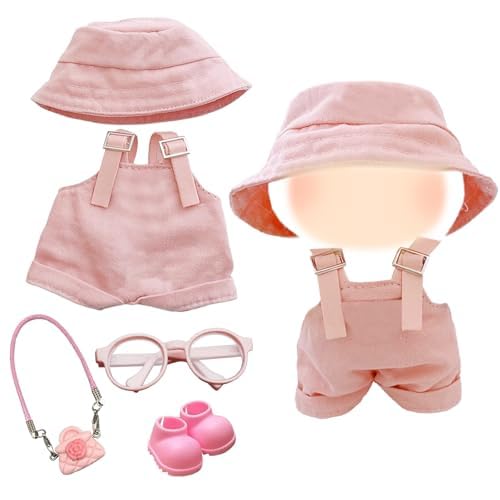 Kleidung Kompatibel mit Puppen, Overall mit verstellbaren Trägern Mütze Brille Blumentasche Minischuhe für die 17 cm Mini Plüsch Puppen Plüschpuppe (Plüschpuppe Nicht Enthalten) von QckZee
