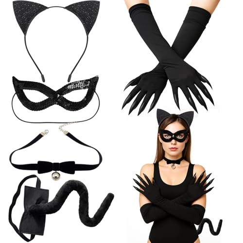 QckZee 5-teiliges Katzenkostüm Damen Set – Katzenohren Haarreif, Katzenschwanz, Handschuhe, Maske & Halsband – Cosplay Zubehör für Erwachsene Kinder, Halloween Verkleidung & Rollenspiel von QckZee