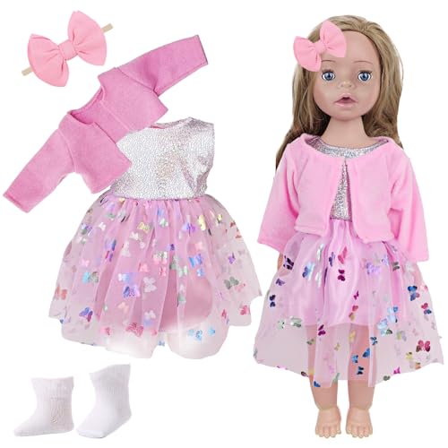 Rosa Puppenkleider, Kleidung Kompatibel mit Puppen 36cm 38cm 43cm, Rosa Gazerock, Strickjacke, Socken & Stirnband, Süße Puppenkleidung für Mädchen, Puppensachen Set Geschenk Kinder von QckZee