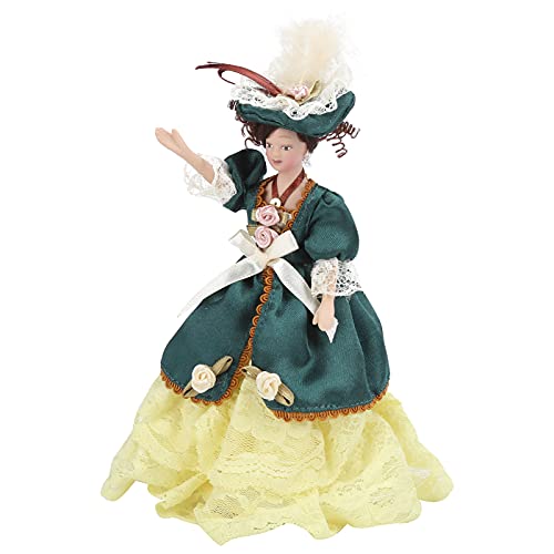 Qcwwy 1:12 Puppenhaus -Victorian -Dame mit Lockigem Braunem Haar, Langes Grüne Kleid, Weißer Spitzenhut, Puppenhaus Menschen, 6,6 X 2,2 Zoll für DIY Dollhouse Decor von Qcwwy