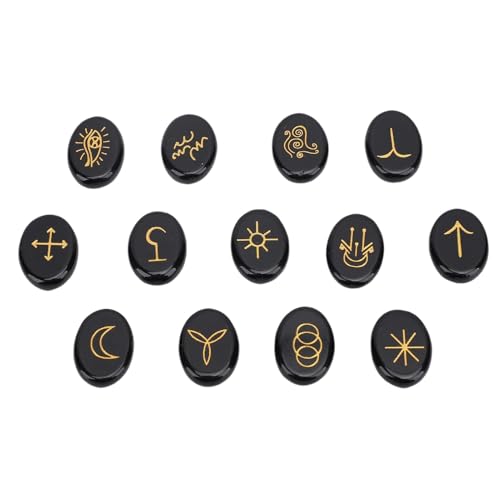 Qcwwy 13 Norse Rune Stones Set, Crystal Slick Finish Goldene Symbole für Yoga Meditation Mystic Home Decor Schachspiele Handwerk Kit Hand Geschnitzt Spirituelle Gegenwart Tragbare (1) von Qcwwy