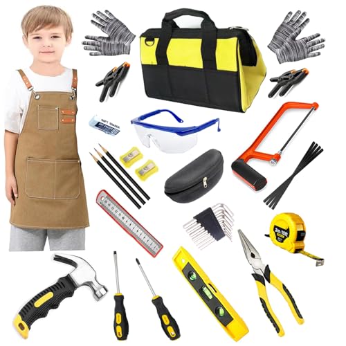 Kinder Werkzeugset, 38 Stück, mit Werkzeugtasche, Schürze, Säge, Lerngeschenk Kinder Werkzeugset, 38 Stück, mit Werkzeugtasche, Schürze, Säge, Lerngeschenk von QeeHeng