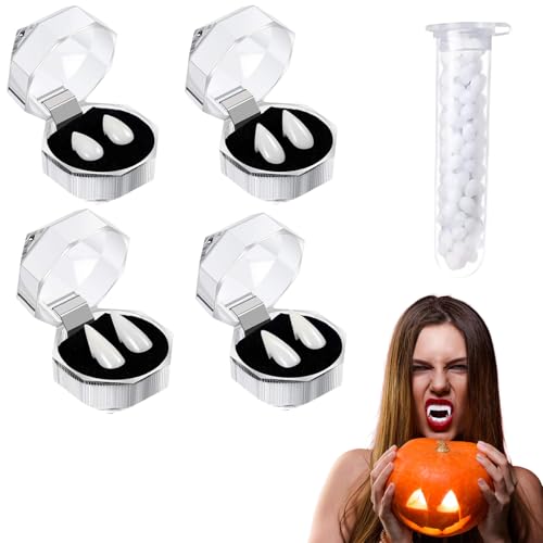 Vampirzähne,4 Paar Vampir Zähne Kit,Vampire Fangs mit 1 Rohr Zähne Pellets Klebstoff,für Cosplay,Requisiten,Halloween, Dämon, Hexe von Qeioauek
