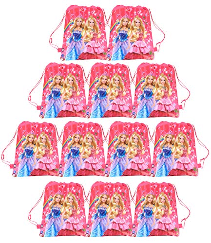 Qemsele 12 Stück Partytüten, Kinder Karikatur Mitgebsel Kindergeburtstag Gastgeschenke Tüten Tasche, Kordelzug Rucksack Bag Turnbeutel für Kostümparty Geburtstagsfeier (Barbie) von Qemsele
