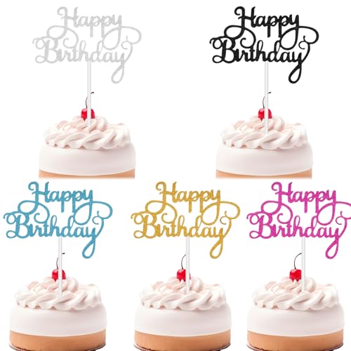 50 Stück Happy Birthday Kuchenaufsätze, mehrfarbig, Geburtstagskuchenaufsatz-Set, Glitzerkuchen, Picks für Dessert-Dekorationen, Party-Dekorationen, Cupcake-Topper, 5 Farben von QfwdfcTrenz