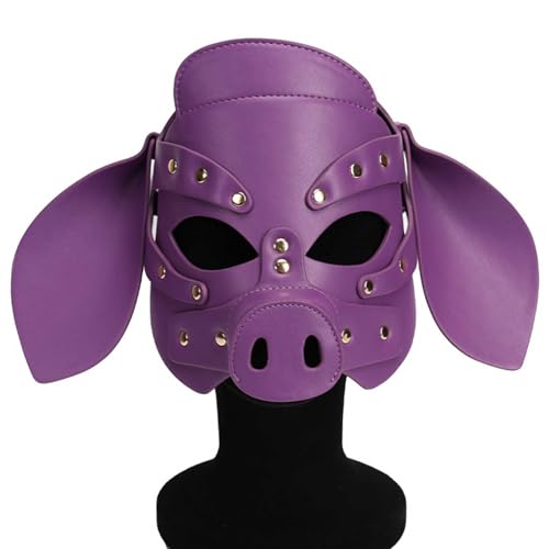 QgLust Schwein Maske Leder Einstellbar Kann mit SM-Requisiten kombiniert werden Tiermaske Schwein Masken Party Cosplay Kostüm Petplay Maske für Damen Herren Ledermaske für Partyspiele(Lila) von QgLust
