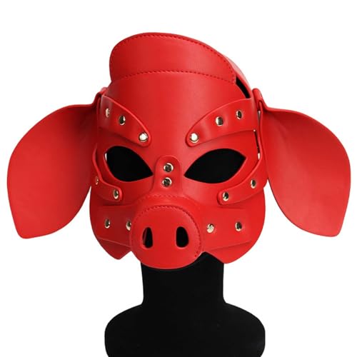 QgLust Schwein Maske Leder Einstellbar Kann mit SM-Requisiten kombiniert werden Tiermaske Schwein Masken Party Cosplay Kostüm Petplay Maske für Damen Herren Ledermaske für Partyspiele(Rot) von QgLust