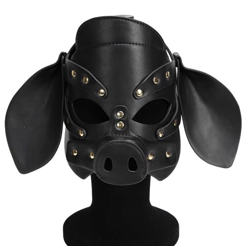 QgLust Schwein Maske Leder Einstellbar Kann mit SM-Requisiten kombiniert werden Tiermaske Schwein Masken Party Cosplay Kostüm Petplay Maske für Damen Herren Ledermaske für Partyspiele(Schwarz) von QgLust