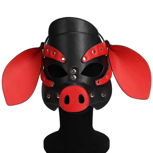 QgLust Schwein Maske Leder Einstellbar Kann mit SM-Requisiten kombiniert werden Tiermaske Schwein Masken Party Cosplay Kostüm Petplay Maske für Damen Herren Ledermaske für Partyspiele(Schwarz/Rot) von QgLust