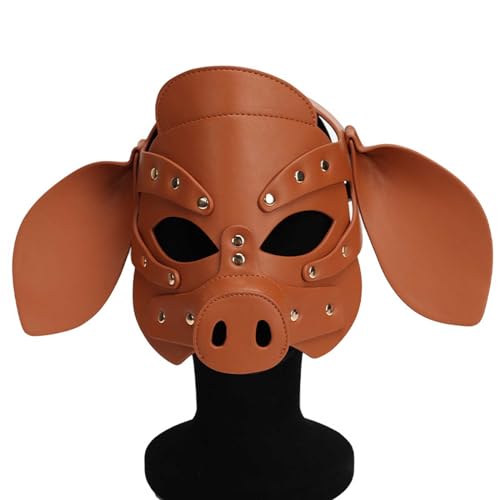 QgLust Schwein Maske Leder Einstellbar Kann mit SM-Requisiten kombiniert werden Tiermaske Schwein Masken Party Cosplay Kostüm Petplay Maske für Damen Herren Ledermaske für Partyspiele(braun) von QgLust