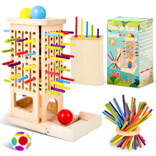 Qhpbuy Montessori Spielzeug ab 3 4 5 6 Jahre, Brettspiel aus Holz, Bunte Holzstäbchen Würfelspiel Lernspielzeug, Feinmotorik Spiel, Familien Reisespiel, Geschicklichkeitsspiel für Kinder von Qhpbuy