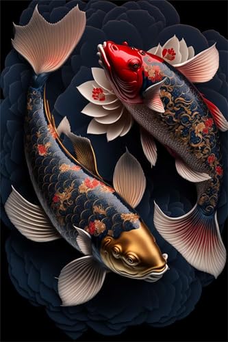 Puzzles für Erwachsene 1000 Teile, Rot Blau Koi Artwork Puzzle 75 x 50 cm, Bunte DIY-Puzzles für Heimdekoration Familienpuzzle für Einsteiger und Kinder von QiHon