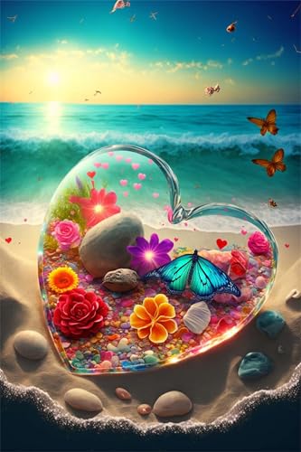 Puzzles für Erwachsene 300 Teile, Beach Flower Heart Artwork Puzzle 40 x 28 cm, Bunte DIY-Puzzles für Heimdekoration Familienpuzzle für Einsteiger und Kinder von QiHon