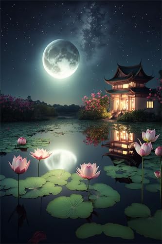 Puzzles für Erwachsene 500 Teile, Pink Lotus Pond Artwork Puzzle 52 x 38 cm, Bunte DIY-Puzzles für Heimdekoration Familienpuzzle für Einsteiger und Kinder von QiHon