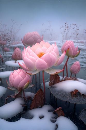 Puzzles für Erwachsene 500 Teile, Pink Lotus Snow Artwork Puzzle 52 x 38 cm, Bunte DIY-Puzzles für Heimdekoration Familienpuzzle für Einsteiger und Kinder von QiHon