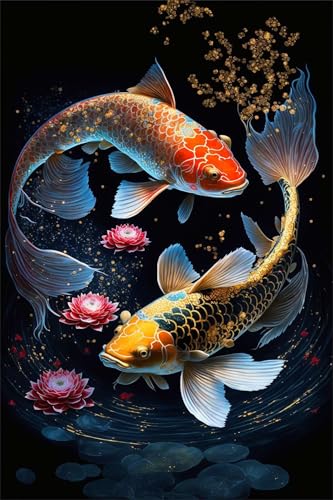 Puzzles für Erwachsene 500 Teile, Roter Lotus Koi Artwork Puzzle 52 x 38 cm, Bunte DIY-Puzzles für Heimdekoration Familienpuzzle für Einsteiger und Kinder von QiHon