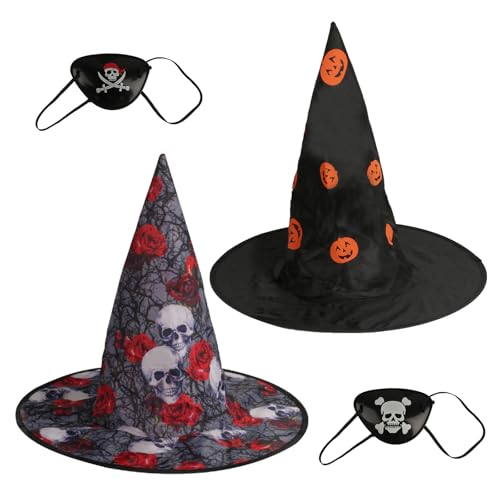2 StkHalloween Hexenhut Kostüm Zubehör, Halloween Hexen Deko Hexenhut Hexenumhang, Halloween Partyhüte Hexenhüte Kopfschmuck Zaubererhut Damen Herren für Party Hüte Zauberer Huts + 2 Piratenaugenklapp von QiXinGYL