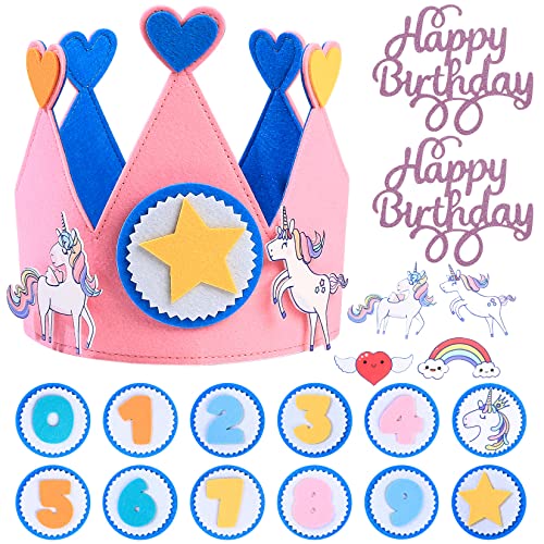 QiXinGYL Einhorn Geburtstagskrone,Geburtstag Auswechselbaren Zahlen von 0-9,3D Einhorn Sticker Geburtstag Stoffkrone Geschenke für Mädchen Jungs Kinder Geburtstagsdeko (Rosa) von QiXinGYL