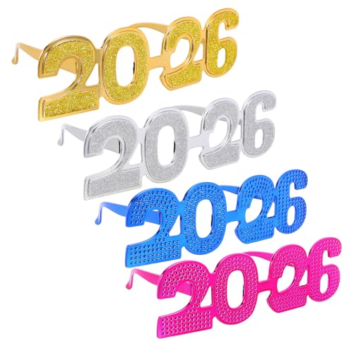 QianShi 4 Stück Neujahrsbrillen 2026 Kunststoff Nummer Strass Brillenrahmen Neuheit Lustige Brillen Abschlussfeier Party Dekorationen Zubehör Photo Booth Requisiten Weihnachten Kostüm Zubehör von QianShi