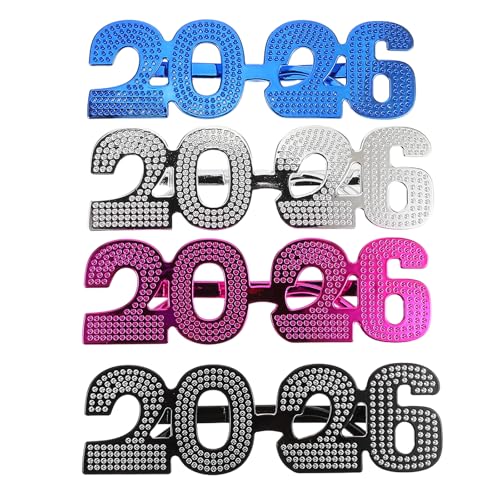 QianShi 4 Stück Neujahrsbrillen 2026 Zahlenbrillen Rahmen Neuheit Strass lustige Brillen Abschlussfeier Party Supplies Xmas Photo Booth Prop Dekorationen Weihnachten Kostüm Zubehör von QianShi