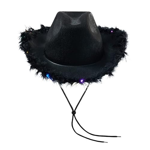 Leuchtende Cowboyhüte für Frauen Flauschige Federkrempe LED Cowgirl Hut für Junggesellinnenabschied, Kostümparty, Spielen Dress Up (schwarz) von Qianderer