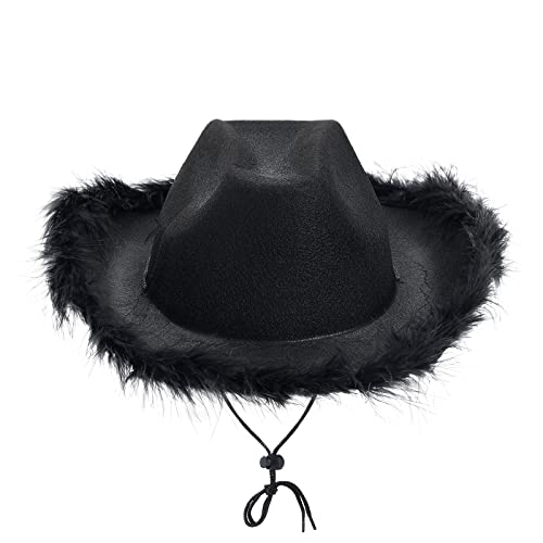 Qianderer Cowboyhut für Damen, mit Feder, Cowgirl-Hut, flauschig, Prinzessinnen-Kostüm, Verkleidung, Party, Halloween, Spielkostüm (Ba Schwarz, 2 Stück, Einheitsgröße) von Qianderer