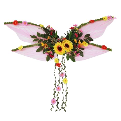 Qianderer Feenflügel für Erwachsene und Frauen, Schmetterlingsflügel mit künstlichen Blumen, Ranken, funkelnde Feenflügel für Halloween, Cosplay-Zubehör, Rot, Einheitsgröße von Qianderer
