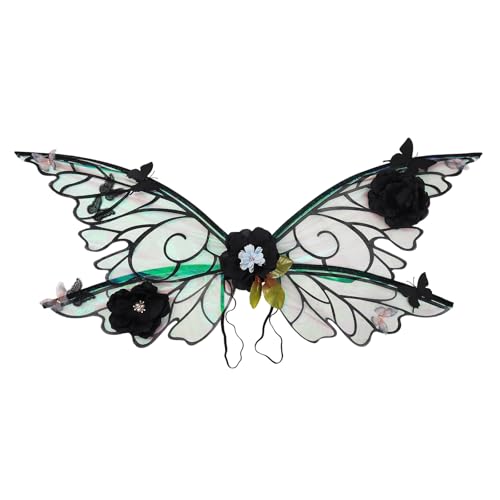 Qianderer Feenflügel für Erwachsene und Frauen, Schmetterlingsflügel mit künstlichen Blumen, Ranken, funkelnde Feenflügel für Halloween, Cosplay-Zubehör (Gelb, Einheitsgröße) von Qianderer