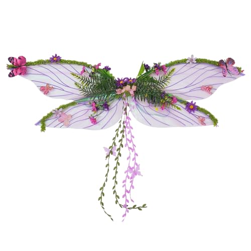 Qianderer Feenflügel für Erwachsene und Frauen, Schmetterlingsflügel mit künstlichen Blumen, Ranken, funkelnde Feenflügel für Halloween, Cosplay-Zubehör (Weiß, Einheitsgröße) von Qianderer