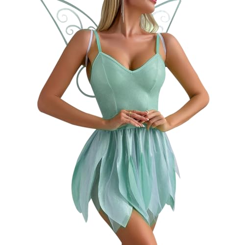Qianderer Grünes Mini-Paillettenkleid, Tinker-Kostüm, Glockenkleid, Waldfee, Cosplay, Halloween, Verkleidung mit Flügeln (Ca-Blau, M) von Qianderer