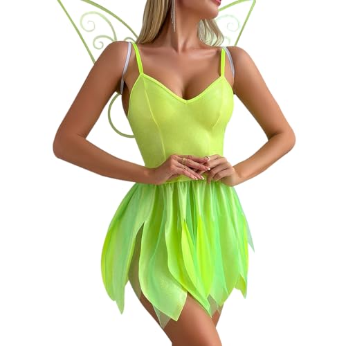 Qianderer Grünes Mini-Paillettenkleid, Tinker-Kostüm, Glockenkleid, Waldfee, Cosplay, Halloween, Verkleidung mit Flügeln (Ca Grün, L) von Qianderer