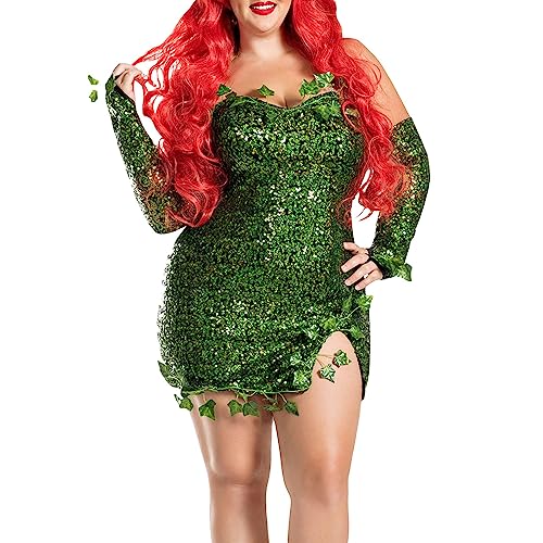 Qianderer Halloween Green Poison Ivy Cosplay Kostüm Gefälschte Blätter Pailletten Verkleidung mit Handschuhen Stirnband Set für Frauen (Grün, L) von Qianderer