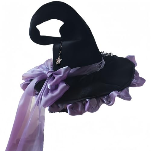 Qianderer Halloween Hexenhut mit Gothic Rose Bow Formbare Krempe Frauen Handgemachte Zauberer Hut Kappe Lolita Party Maskerade für Karneval Täglich Cosplay Kostüm Zubehör (Lila, Einheitsgröße) von Qianderer