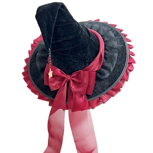 Qianderer Halloween Hexenhut mit Gothic Rose Bow Formbare Krempe Frauen Handgemachte Zauberer Hut Kappe Lolita Party Maskerade für Karneval Täglich Cosplay Kostüm Zubehör (Rot, Einheitsgröße) von Qianderer