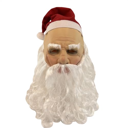 Qianderer Weihnachtsmann Latexmaske, Weihnachten Urlaub Cosplay Dekoration Weihnachtsmann Gesichtsabdeckung Weihnachten Gesichtsmaske Weißer Bart Rote Kappe Realistische Kopfbedeckung (Kopfbedeckung von Qianderer