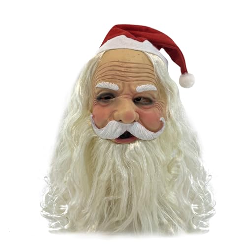 Qianderer Weihnachtsmann Latexmaske, Weihnachten Urlaub Cosplay Dekoration Weihnachtsmann Gesichtsabdeckung Weihnachten Gesichtsmaske Weißer Bart Rote Kappe Realistische Kopfbedeckung (Kopfbedeckung von Qianderer