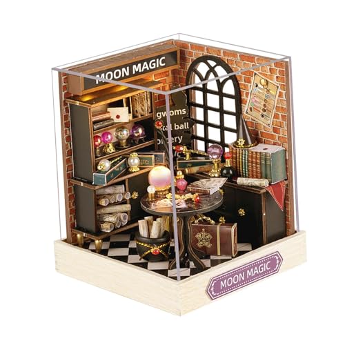 Qianly Holzpuzzle Miniaturhaus Set mit LED Beleuchtung für Familienfeiern, Mond von Qianly