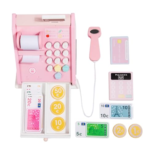 Qianly Holzspielzeug Registrierkasse Einkaufen Kassierer Spielset Feinmotorik Kassenschublade öffnen Scan Maschine Kreditkarte für Kinder von Qianly