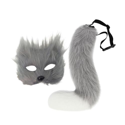 Qianly Pelzige Maske und Schwanz Requisiten Kopfbedeckung Tier Cosplay Set für Karneval Leistung, Grau Qianly Pelzige Maske und Schwanz Requisiten Kopfbedeckung Tier Cosplay Set für Karneval Leistung, Grau von Qianly