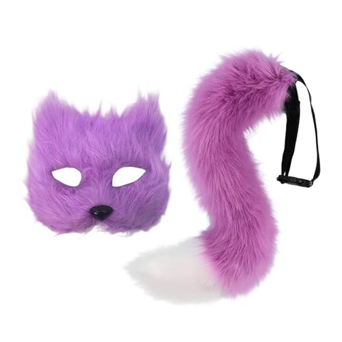 Qianly Pelzige Maske und Schwanz Requisiten Kopfbedeckung Tier Cosplay Set für Karneval Leistung, Lila von Qianly