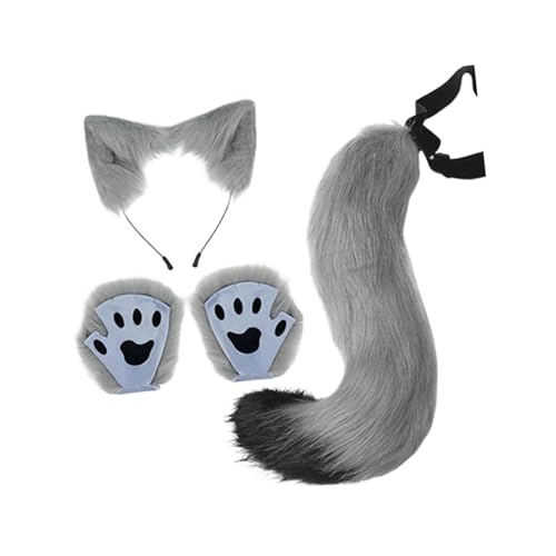 Qianly Tierohren und Schwanz-Set Pfotenhandschuhe für Halloween-Auftritte, Grau von Qianly