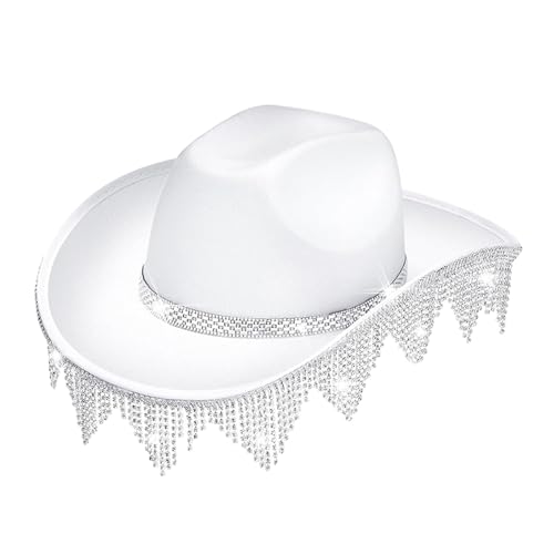 Qianly Western-Strass-Quasten, Cowboy-Hut, Cowgirl-Hut, vielseitige Jazz-Mütze für Cosplay, Verkleidung, Maskerade, Foto-Requisiten, Weiß von Qianly