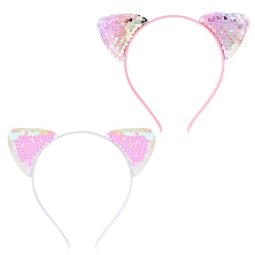 Qianyu 2 Stück Katzenohren-Stirnbänder glitzernde Katzenohren Ears Headband Pailletten Katze Stirnband Metall Haarreifen Ohr Stirnbänder für Mädchen Geburtstag Party (Weiß/Rosa, One size) von Qianyu