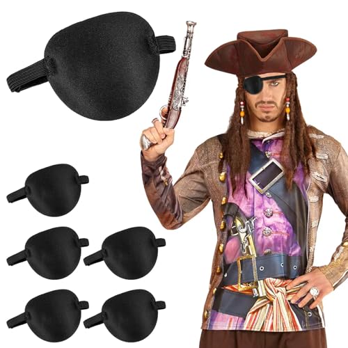 Qianyu 6 Stück Augenklappen für Erwachsene Männer Kinder 3D-verstellbare Augenklappe Augenklappe für rechtes oder linkes Auge eine Augenabdeckung für schwaches Auge Piraten Cosplay Kostüm Schwarz von Qianyu