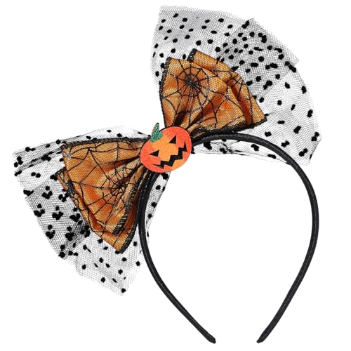 Qianyu Halloween Haarreif Kürbis Stirnband Mädchen Haarband Schleife Kopfschmuck mit Netzdekor Elegante Schädel Kopfbedeckung für Maskerade Halloween Karneval Party Cosplay Kostüm Erwachsene(Orange) von Qianyu