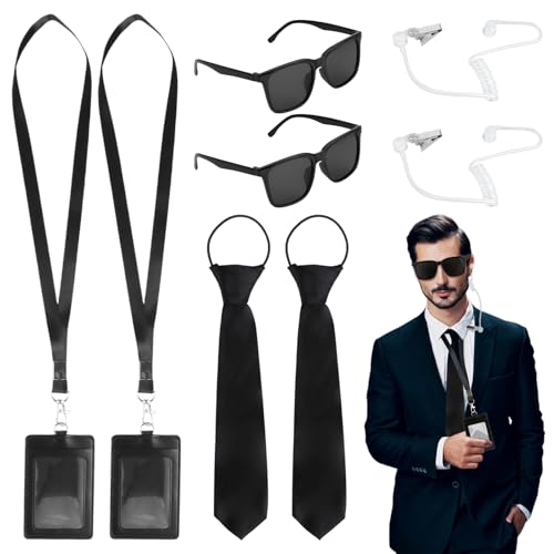 8 Stück Herren in Schwarz Kostüm Zubehör, Geheimagent Zubehör mit Krawatte, Sonnenbrille, Kartenhalter, Kopfhörer, Agent Kostüm Zubehör für Erwachsene Kind Cosplay von Qichan