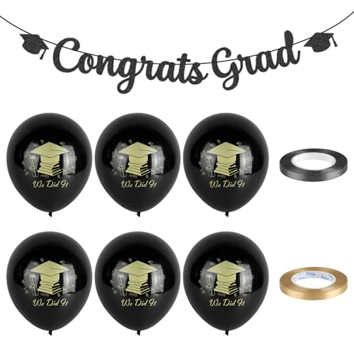 Graduation Deko, “Congrats Grad” Girlande Abschluss Deko Banner Papier mit 6 Luftballons und Schleifenbänder, Bachelor Deko für Oberstufenschüler, Bachelor und Master von Qichan
