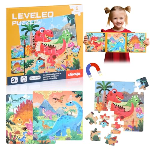 Magnetpuzzle Dinosaurier, 97 Teile Kinderpuzzle Ab 3 Jahre, 3-in-1 Magnetische Puzzle für Kinder, Magnet Puzzle Ab 3 Jahre für Kinder im Autofahrt Flugzeug, Kindergeburtstag Geschenke von Qichan