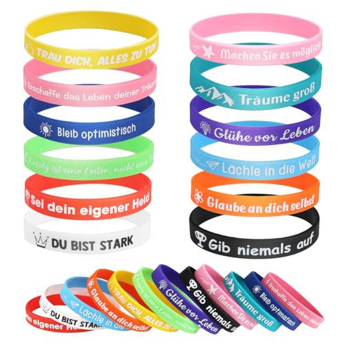 Qichan 24 Stück Motivationsarmbänder Auf Deutsch, 20,2cm Silikonarmband Kinder mit Inspirierenden Sprüchen, Motivierendes Gummiarmbänder, Mutmacher Geschenke Party Mitgebsel für Teenager Kinder Qichan 24 Stück Motivationsarmbänder Auf Deutsch, 20,2cm Silikonarmband Kinder mit Inspirierenden Sprüchen, Motivierendes Gummiarmbänder, Mutmacher Geschenke Party Mitgebsel für Teenager Kinder von Qichan